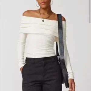 UO Hailey Foldover Off-The-Shoulder Long Sleeve Top, Sz Small, Off White Classic